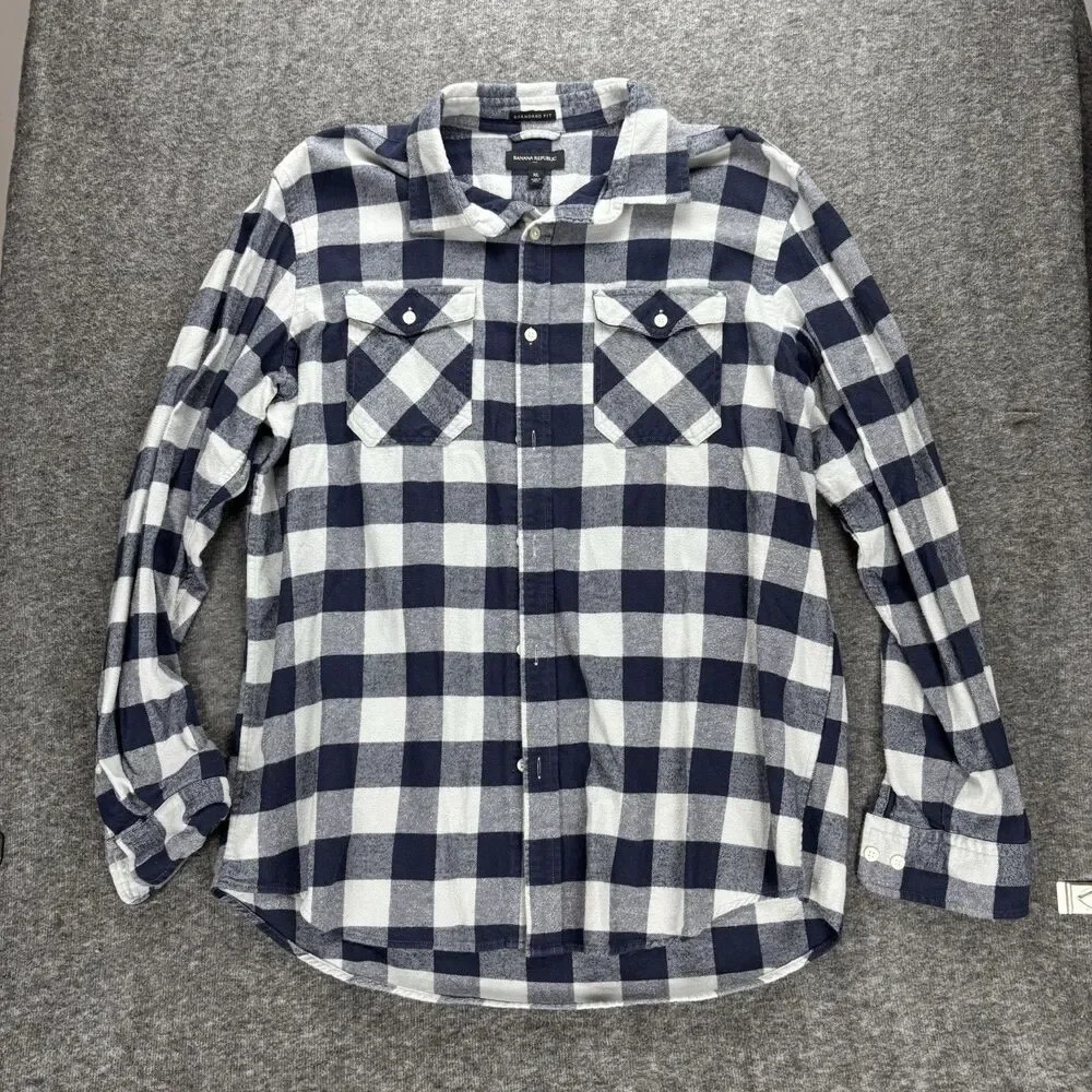 Banana Republic Flannel Shirt Men’s Medium Blue Buffalo Plaid 100% Cotton